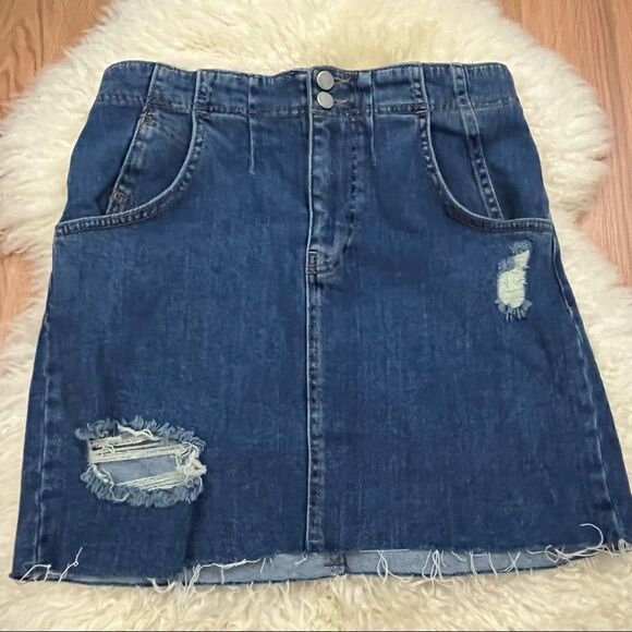 Free People Dark Wash Distressed High Waist Denim Skirt 6 - Picture 1 of 4